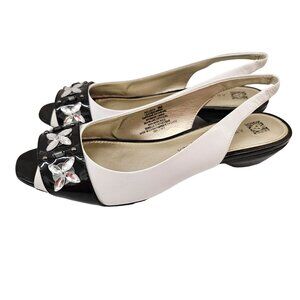 Anne Klein iFlex Aklusita 9M White & Black Leather Slingback Heels With Crystal
